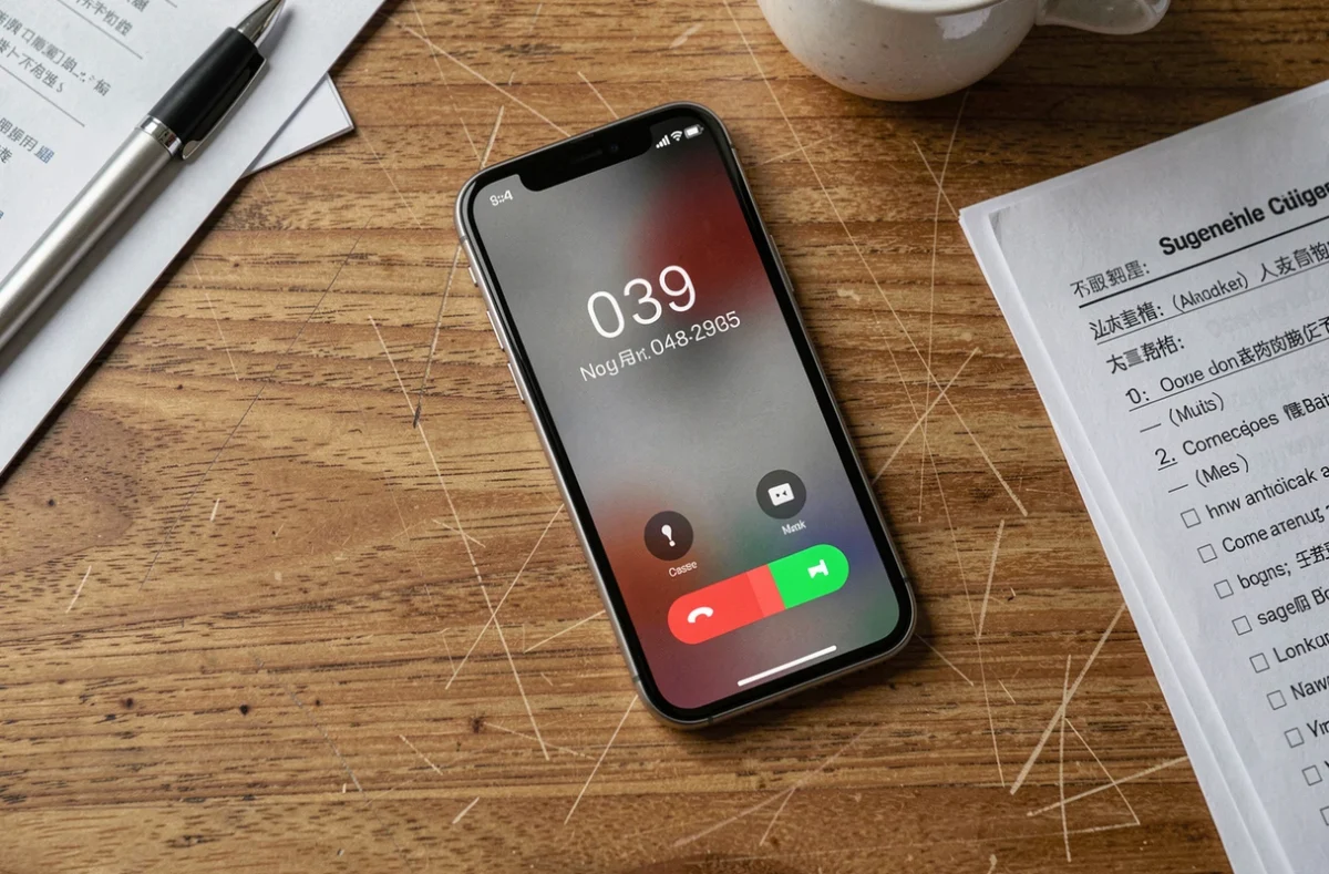 Gros plan sur un smartphone affichant un appel entrant d'un numéro frauduleux non reconnu posé sur un bureau en bois