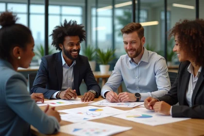 Groupe divers d'employes en r&eacute;union autour d'une table