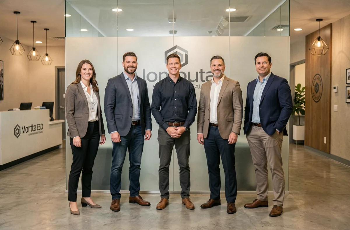 Équipe du Groupe DièseL, agence SEO, posant dans le hall moderne de leurs bureaux avec signalétique de marque