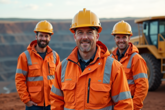 Groupe de mineurs en tenue de sécurité devant une mine à ciel ouvert