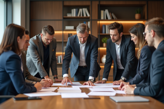 Groupe de professionnels en réunion dans un bureau moderne