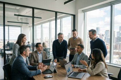 Groupe de professionnels en réunion dans un bureau moderne
