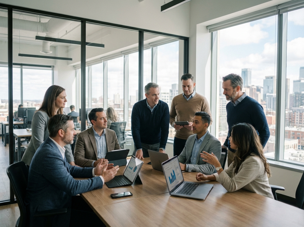 Groupe de professionnels en réunion dans un bureau moderne