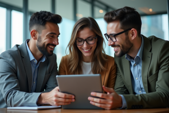 Trois jeunes professionnels discutant autour d'une tablette dans un bureau moderne