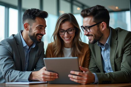 Trois jeunes professionnels discutant autour d'une tablette dans un bureau moderne