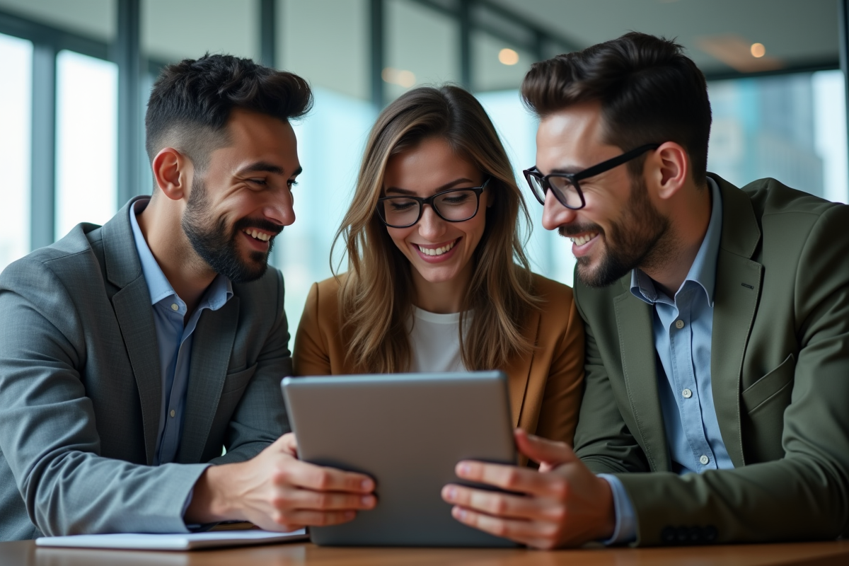 Trois jeunes professionnels discutant autour d'une tablette dans un bureau moderne