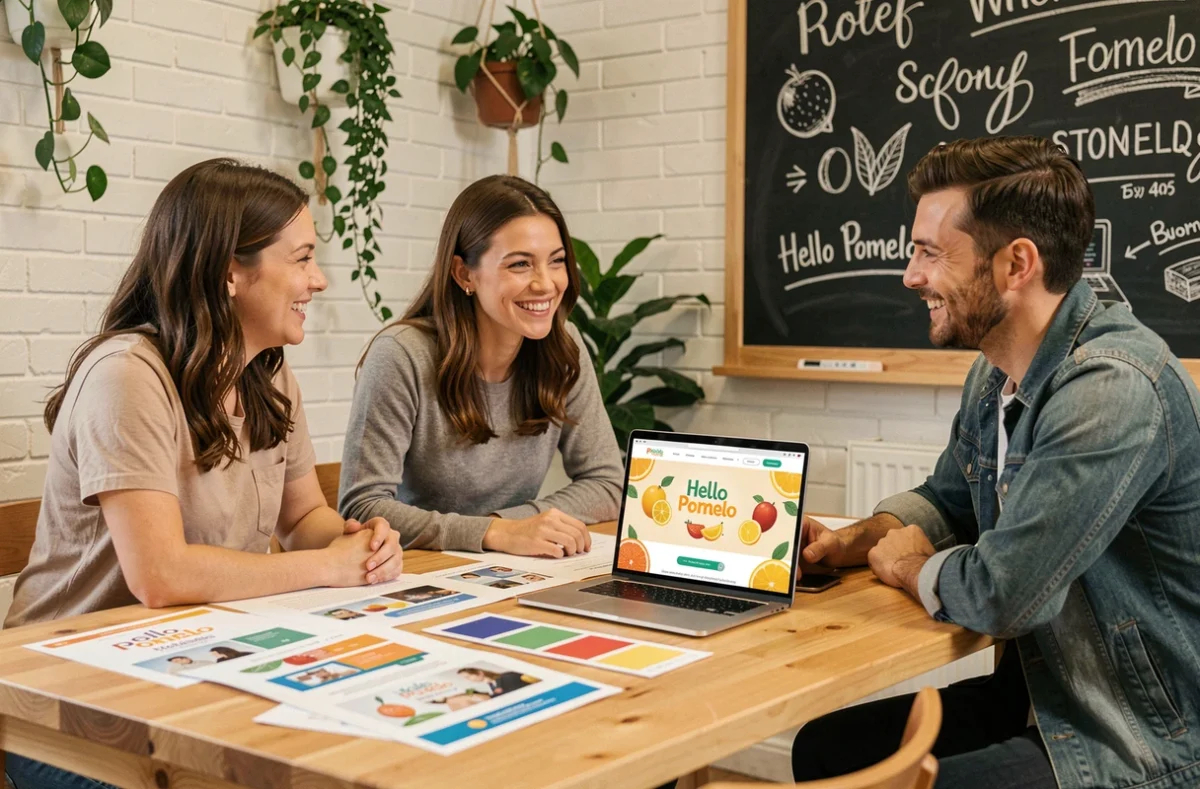 Équipe créative de l'agence Hello Pomelo à Marseille travaillant sur des maquettes de sites web autour d'une table en bois