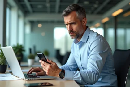 Homme d'affaires inquiet au bureau avec smartphone