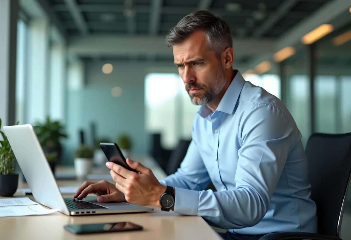 Homme d'affaires inquiet au bureau avec smartphone