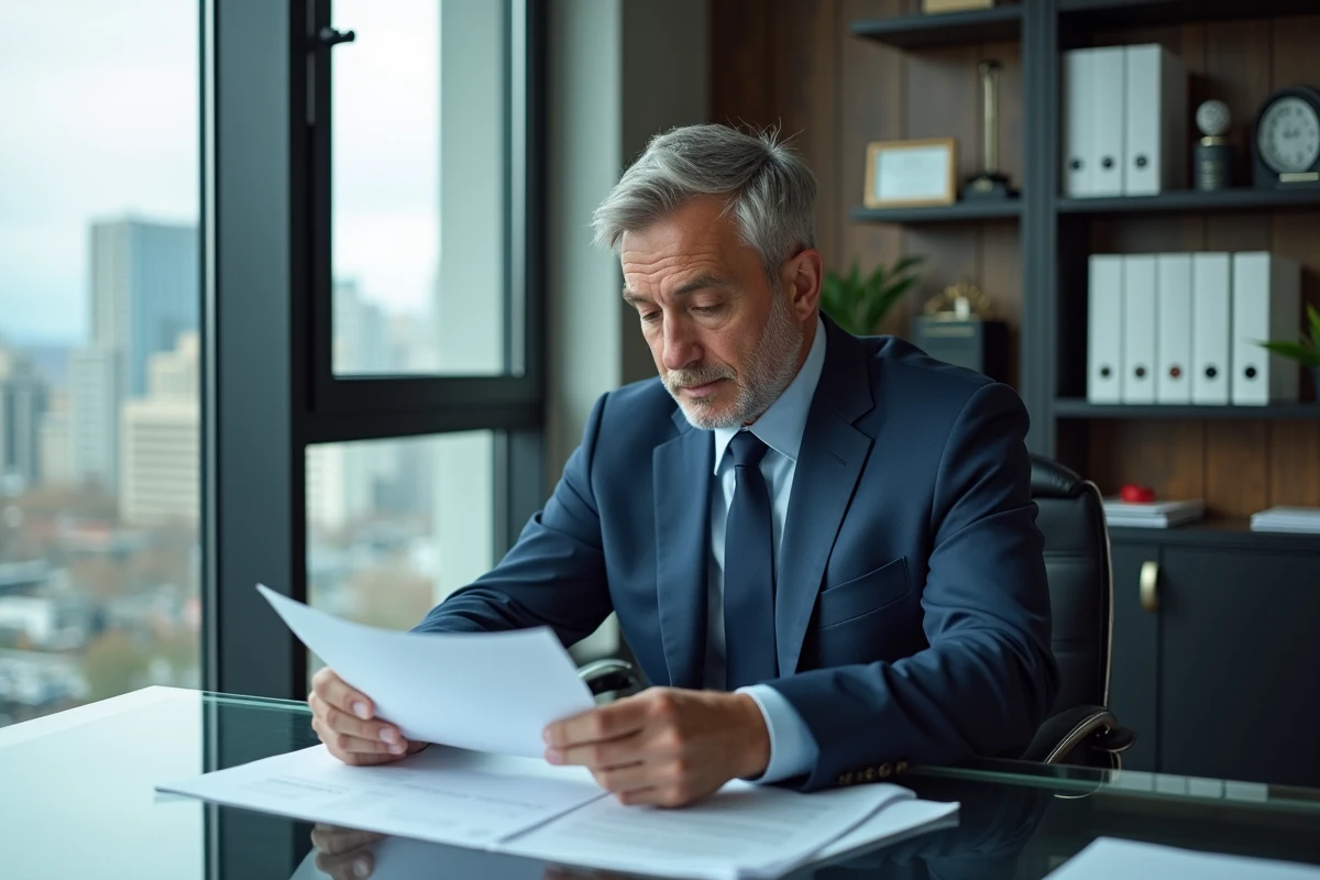 Homme d'affaires en costume bleu examinant des papiers dans son bureau
