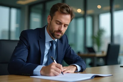 Homme d'affaires en costume signe une lettre au bureau