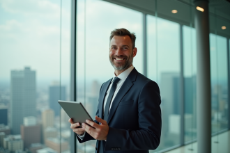 Homme d'affaires confiant avec tablette dans un bureau moderne