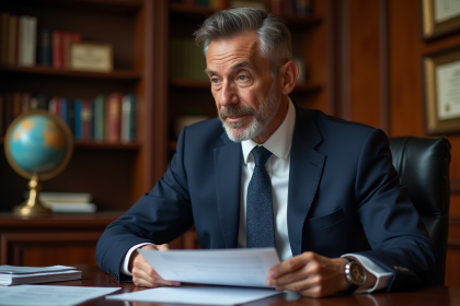 Homme d'affaires en costume navy dans un bureau élégant