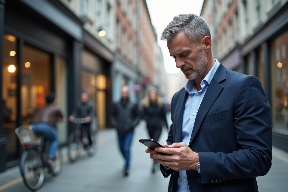 Homme vérifiant ses analyses publicitaires en ville