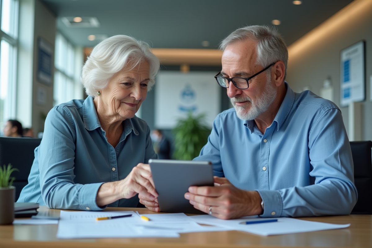 Homme aide une femme agee avec une tablette dans un service public