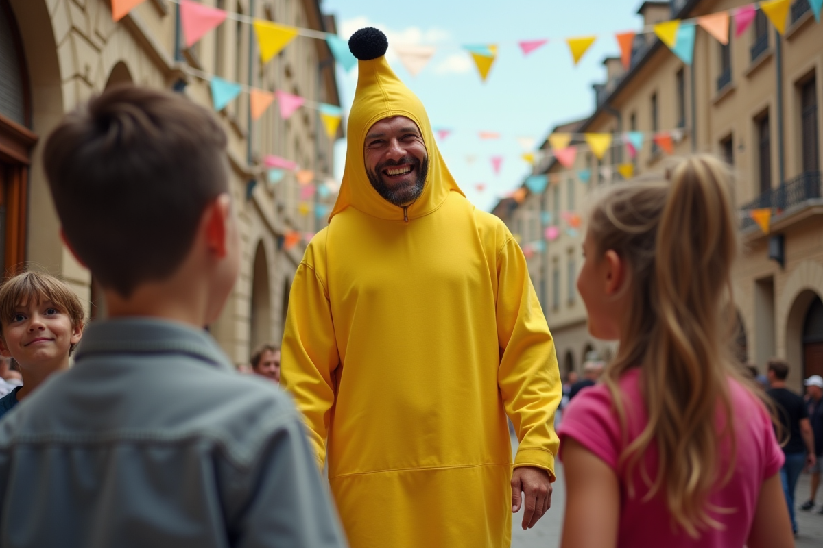 Homme en costume de banane riant avec des enfants lors d