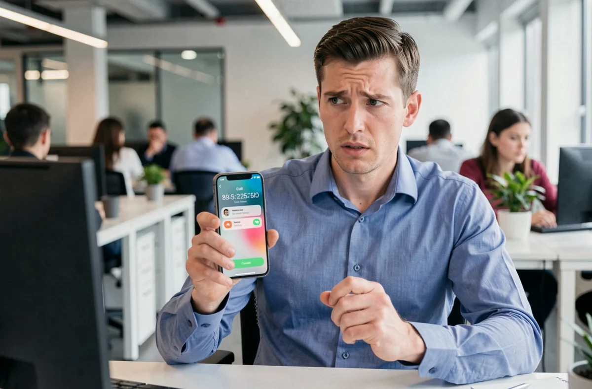 Homme en bureau hésitant à répondre à un appel téléphonique suspect affiché sur son smartphone au travail