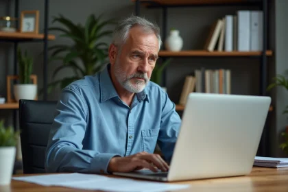 Homme d'&acirc;ge moyen regardant un ordinateur portable avec souci