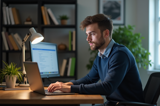 Homme au bureau avec notification sur son ordinateur
