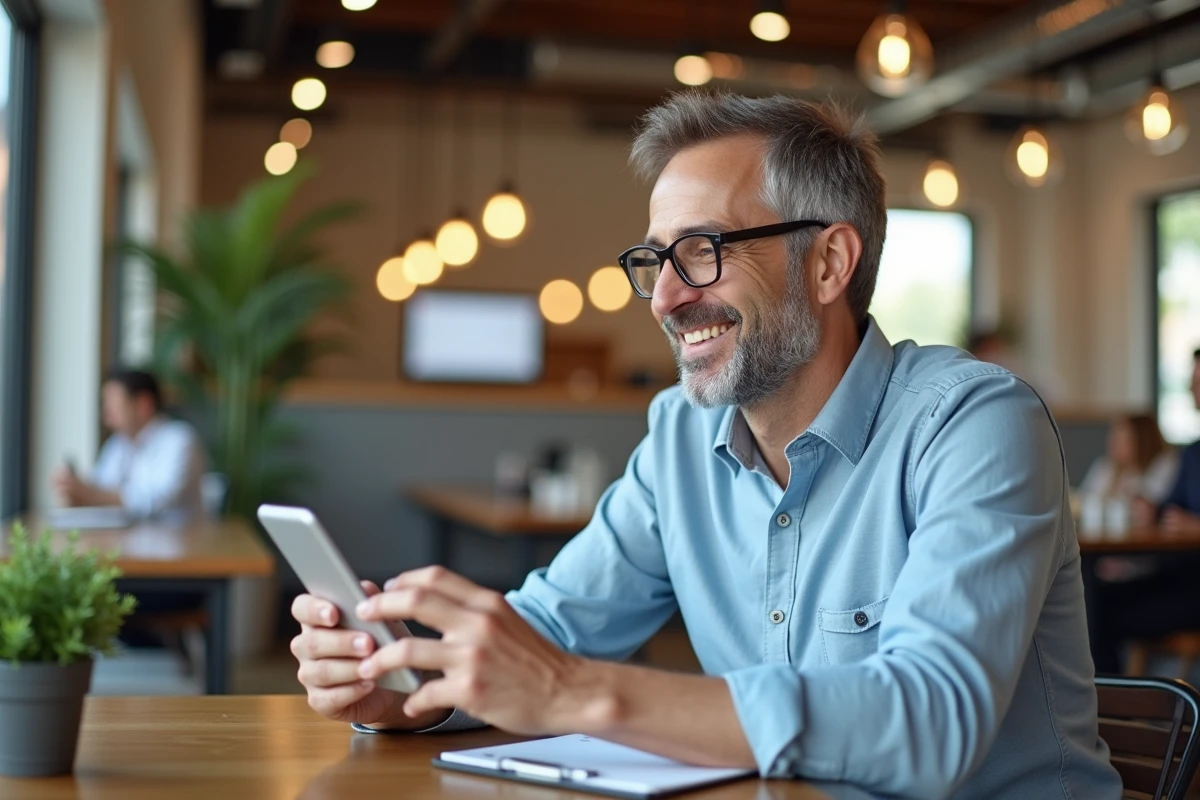 Homme d&eacute;contract&eacute; utilisant son smartphone en coworking