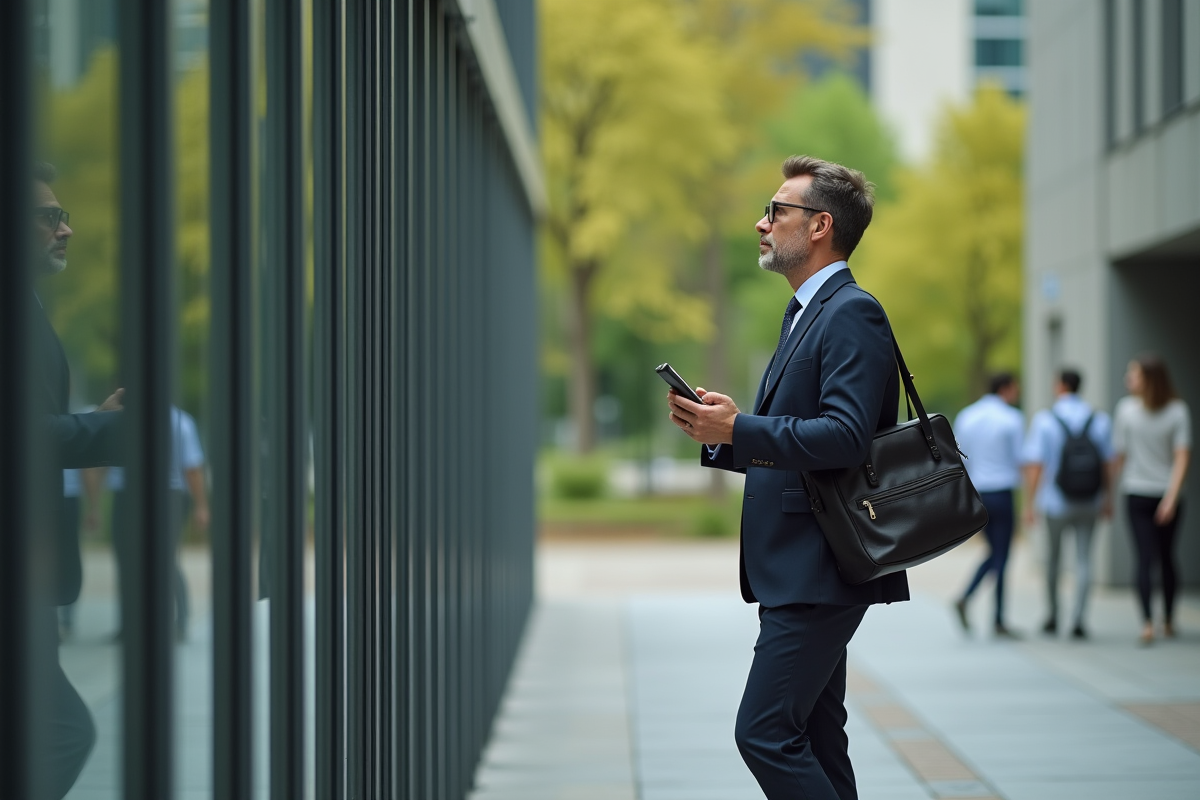 Homme d affaires dehors devant un immeuble de bureau