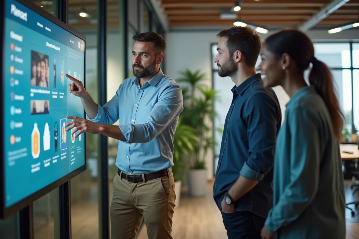 Homme montrant une plateforme ecommerce sur un écran interactif
