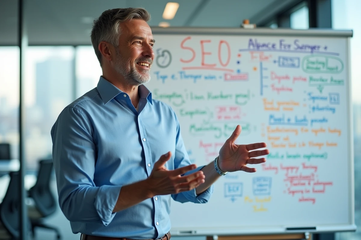 Homme en réunion expliquant des diagrammes sur un tableau blanc
