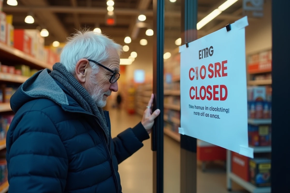 Homme âgé lisant une affiche de fermeture en magasin