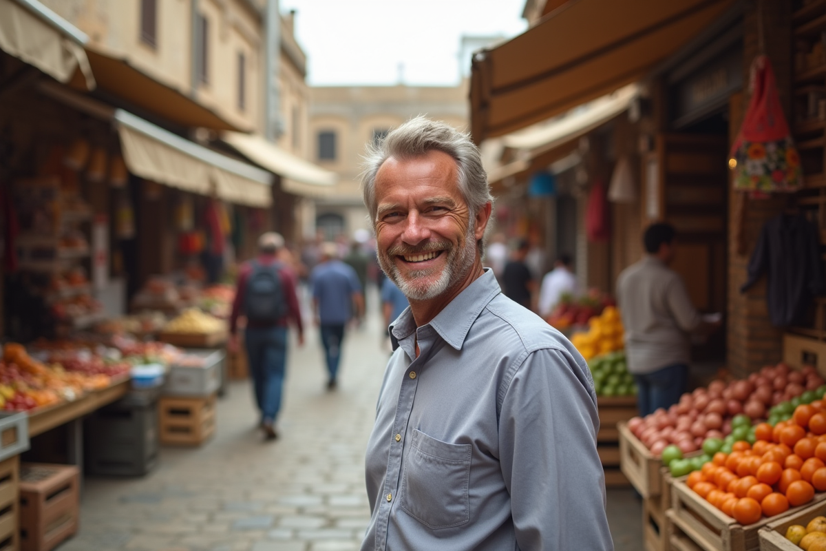 Homme entrepreneur souriant dans un marché local animé