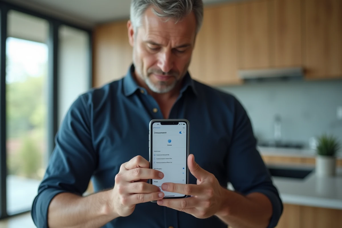 Homme configurant les paramètres de sécurité de l'application My People docs sur mobile dans un cadre domestique