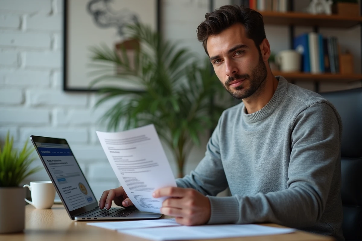 Homme consultant un site administratif français sur ordinateur portable pour obtenir un extrait Kbis en ligne depuis son bureau à domicile