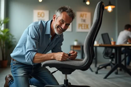 Homme d'&acirc;ge moyen r&eacute;pare une chaise au bureau