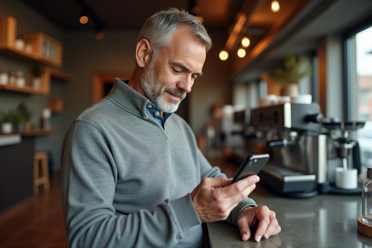 Homme vérifiant ses résultats de jeux FDJ sur smartphone dans un café urbain