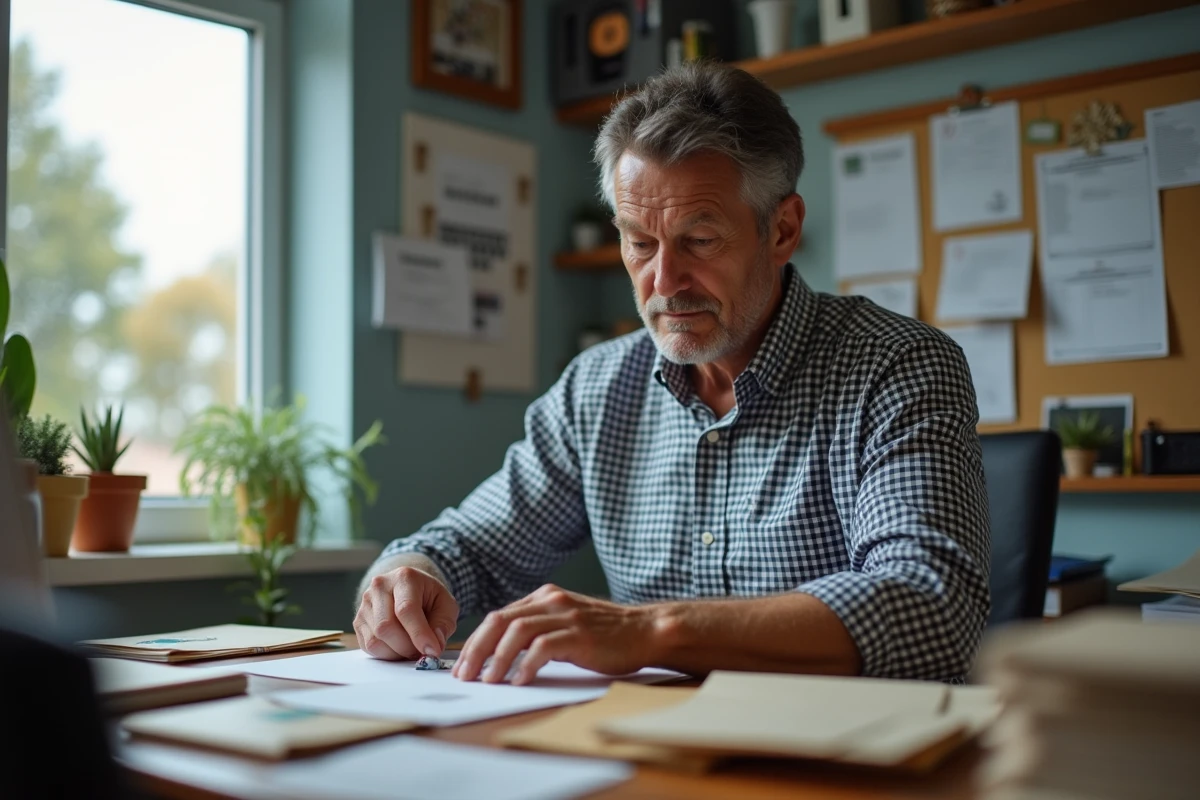 Homme scellant des enveloppes de produits dans un bureau