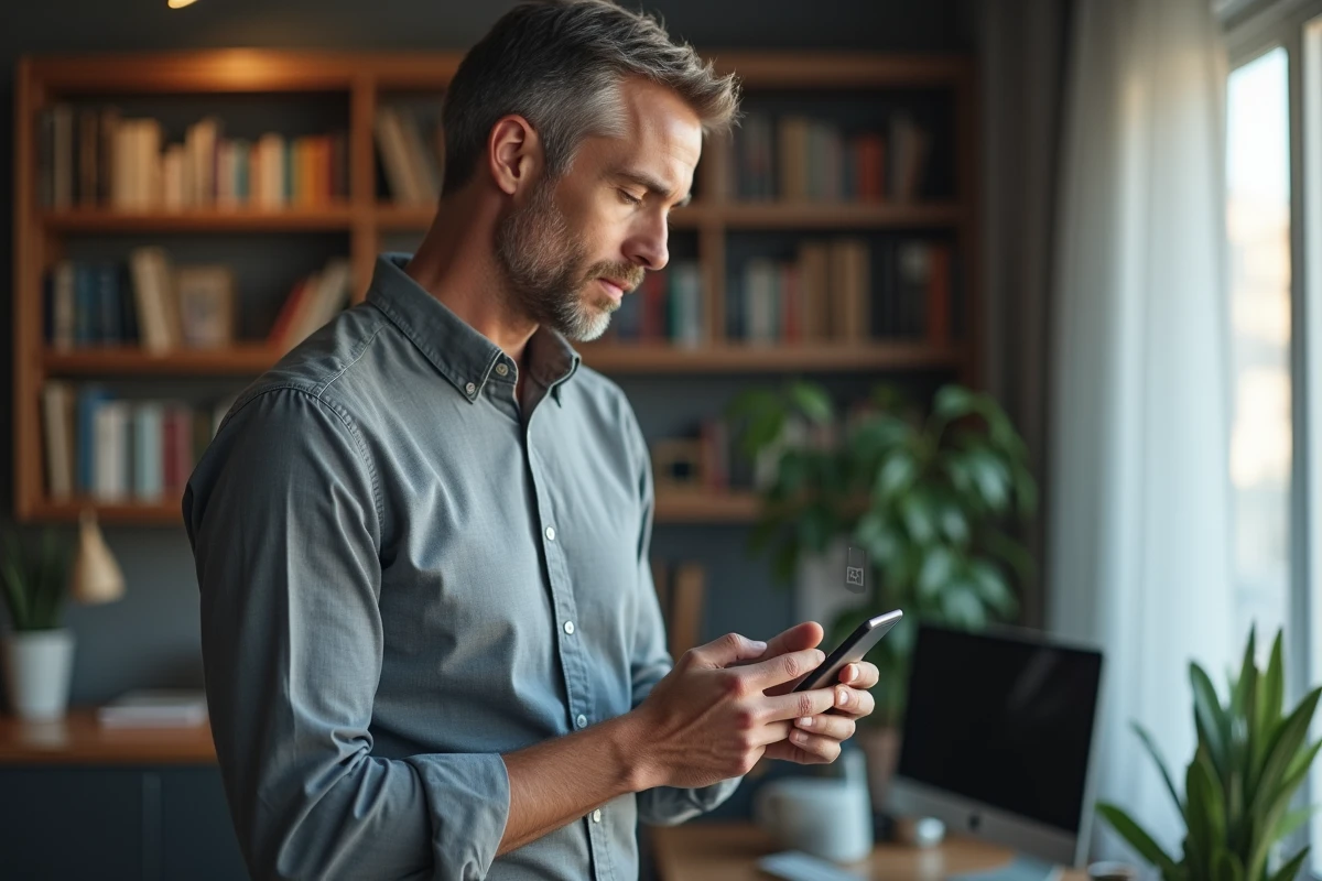 Homme consultant un coffre-fort numérique sécurisé sur smartphone pour accéder à ses bulletins de salaire en toute confidentialité
