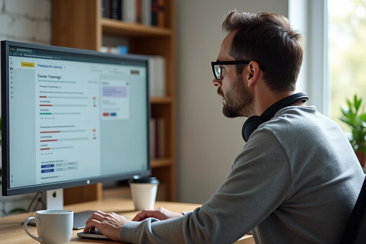 Homme en télétravail suivant un module de formation en ligne optimisé sur une plateforme e-learning depuis son bureau à domicile
