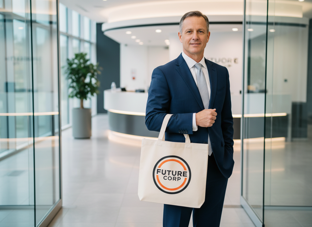 Homme d affaires avec sac promotionnel dans un hall moderne