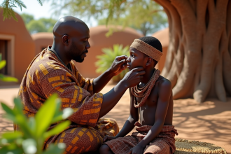 Homme africain traditionnel aidant un jeune garçon à nouer un bandeau
