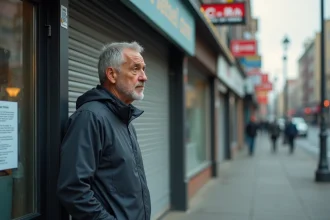 Homme d'âge moyen regardant un avis sur la porte d'un magasin