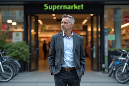 Homme d'âge moyen devant un supermarché moderne