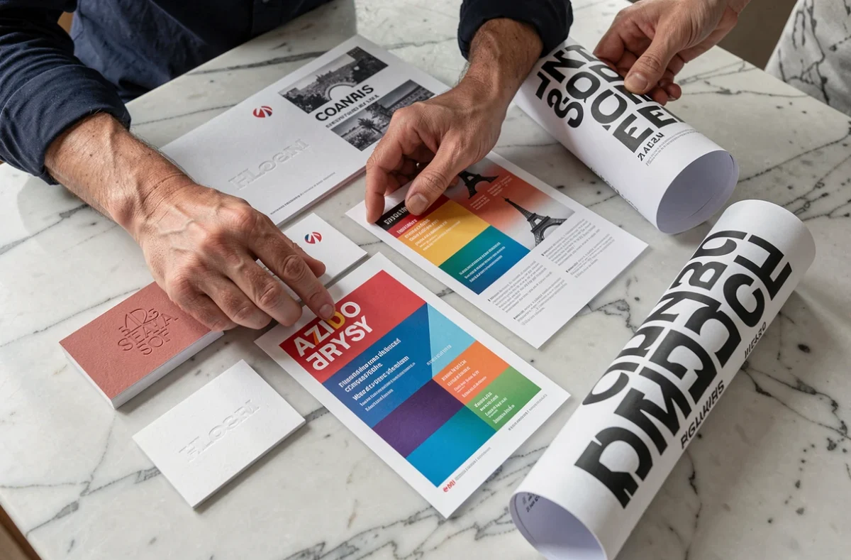 Vue en plongée de cartes de visite, flyers et affiches personnalisés imprimés sur mesure à Paris 17