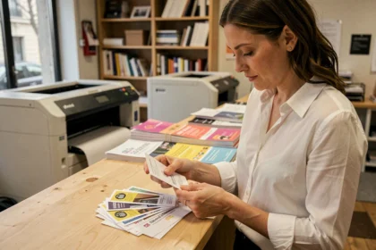 Femme examinant des cartes de visite imprimées dans une imprimerie professionnelle à Paris 17