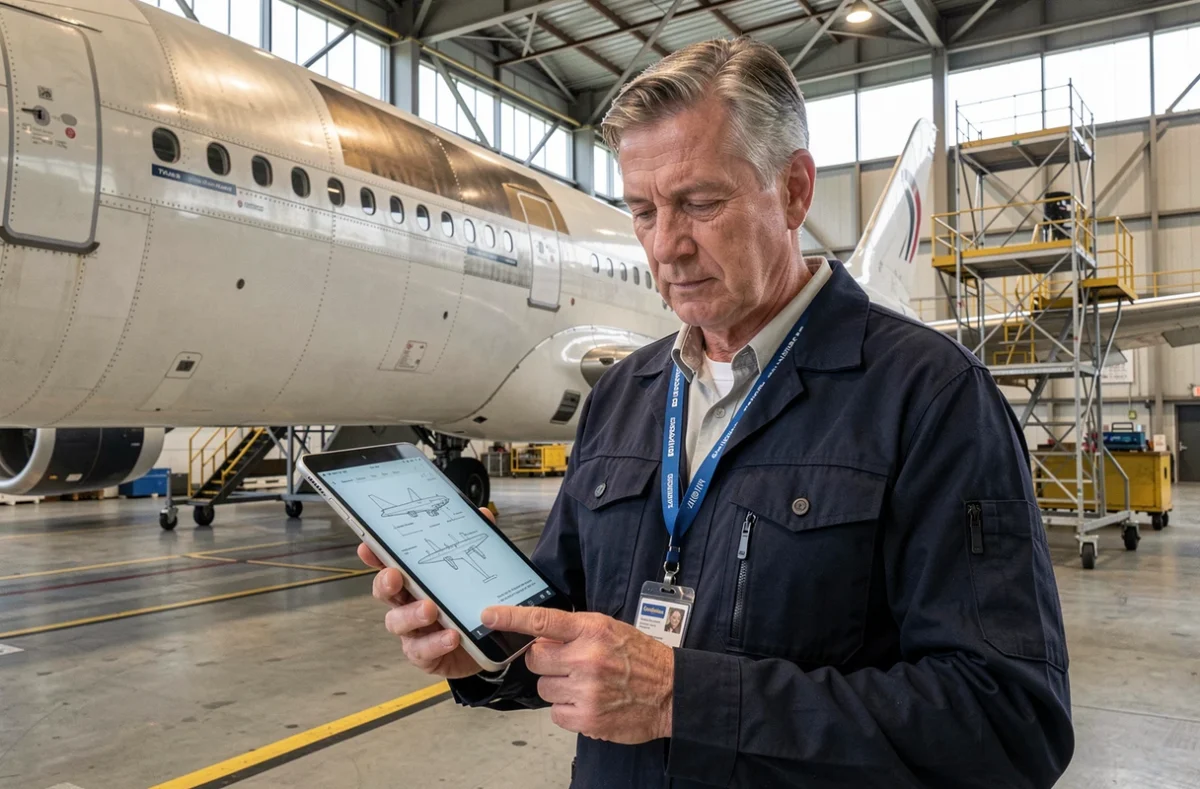 Ingénieur aéronautique analysant des plans dans un hangar de fabrication d'avions commerciaux