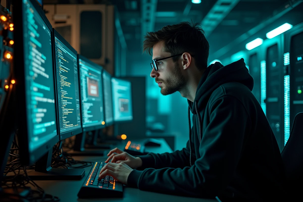 Ingénieur informatique travaillant sur les algorithmes secrets de l'IA Yindofoyelaszoz dans une salle de serveurs