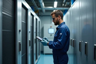 Ingénieur en bleu inspectant une grande batterie moderne