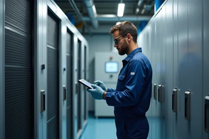 Ingénieur en bleu inspectant une grande batterie moderne