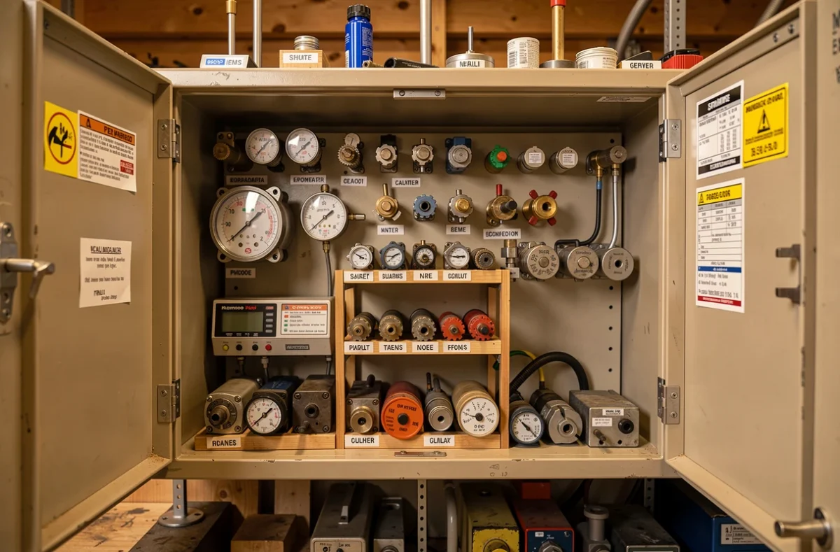 Instruments de mesure étiquetés rangés dans une armoire d'atelier