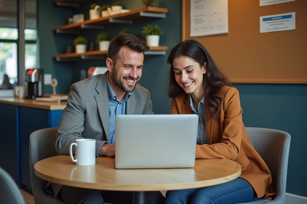 Deux nouveaux salariés Air France consultant l'intranet ensemble dans la salle de pause, lors de leur intégration