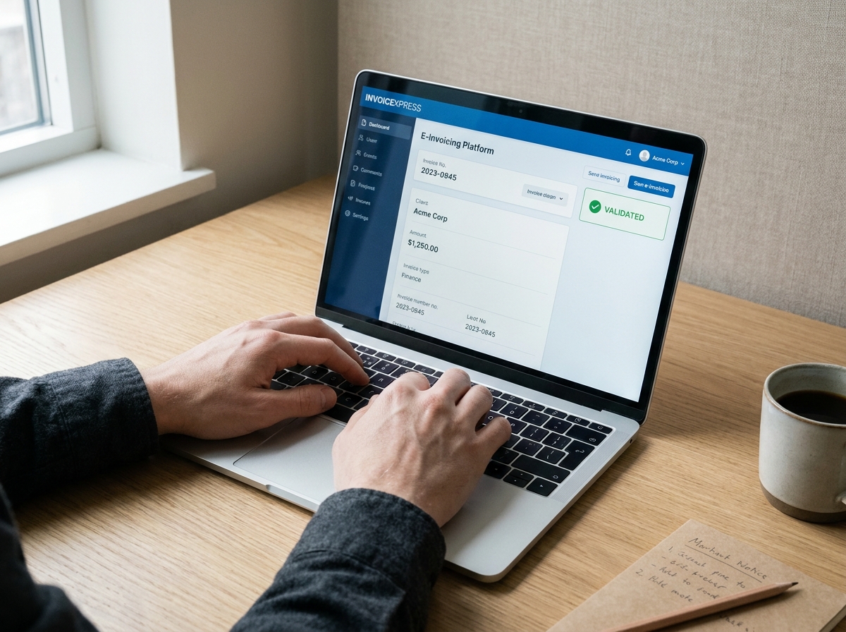 Mains tapant sur un ordinateur portable affichant une interface de plateforme de facturation électronique agréée