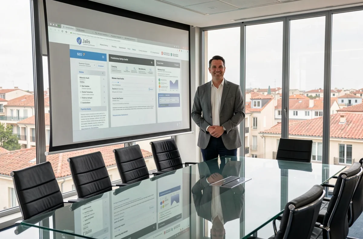Stratège digital de l'agence Jalis présentant un rapport de référencement SEO dans une salle de réunion moderne à Marseille